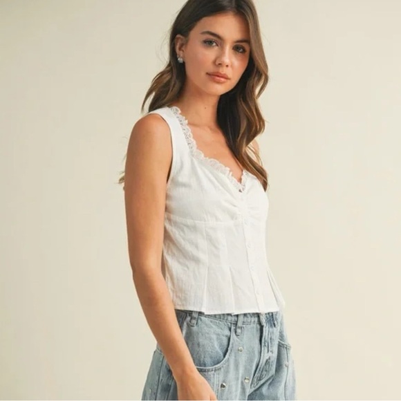 New! White Lace Trim Sleeveless Top with ruffled detail. - Picture 3 of 6